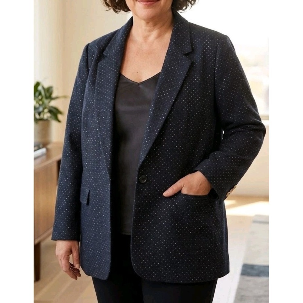 A New Day Blazer Jacket Plus Size 26W Navy Gold Polka Dot Single Button Career